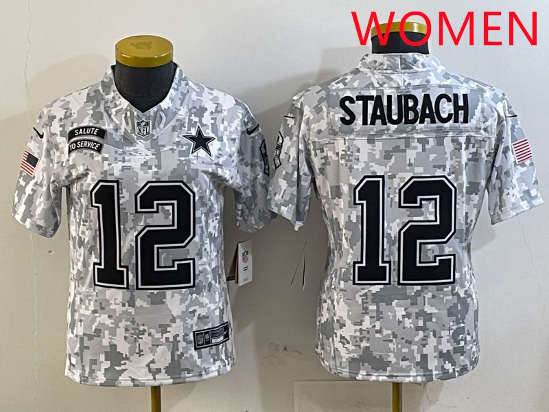 Women Dallas Cowboys #12 Staubach Camo Nike Olive Salute To Service Limited NFL Jersey style 1->women nfl jersey->Women Jersey